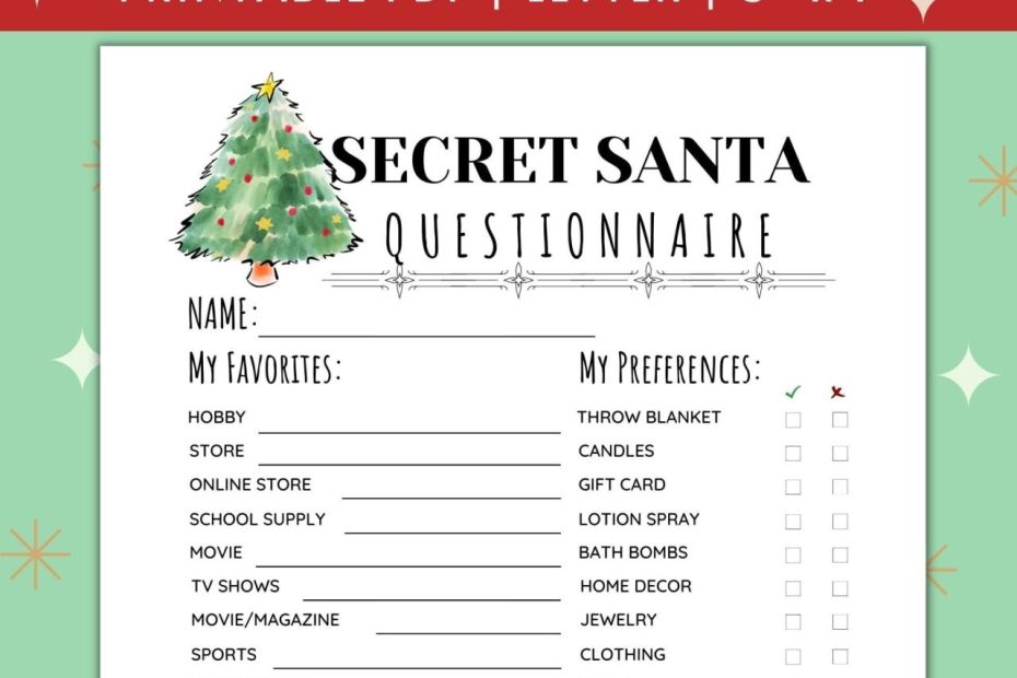 Printable Secret Santa Questionnaire For Christmas Gift - Etsy